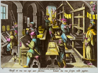 Stampatori e stampa tipografica con pressa a braccio intorno al 1600 di Jan Van Der Straet (Giovanni Stradano), Collezione privata