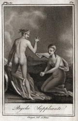 Psiche che implora. Incisione del 1819 in “Lettres à Emilie sur la mythologie” di Charles Albert Demoustier (1760-1801). Collezione privata