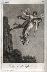 Psiche portata via da Zefiro. Incisione del 1819 in "Lettres à Emilie sur la mythologie" di Charles Albert Demoustier (1760-1801). Collezione privata