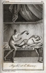 Psiche e Amore. Incisione del 1819 in "Lettres a Emilie sur la mythologie" di Charles Albert Demoustier (1760-1801). Collezione privata