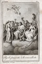 Psiche presentata alla Corte Celeste. Incisione del 1819 in "Lettres à Emilie sur la mythologie" di Charles Albert Demoustier (1760-1801). Collezione privata