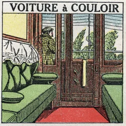 Ferrovie: vagone corridoio. Illustrazione anonima del 1925. Collezione privata.