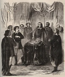 Ricevimento di un Illuminato (società segreta) - Illuminati di Baviera (der Illuminatenorden) - Incisione del 1879 in "Histoire des societes secretes, politiques et religieuses" di Pierre Zaccone (1817-1895)