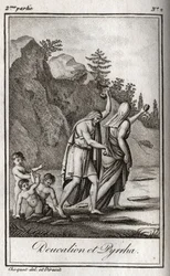 Rappresentazione di Deucalione e Pirra, gli unici sopravvissuti dopo il diluvio causato da Zeus per distruggere la razza umana. Temi dopo il diluvio chiede loro di camminare con la testa coperta gettando dietro di loro le ossa della loro madre (le pietre d