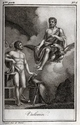 Rappresentazione di Vulcano, dio del fuoco, della forgia e dei vulcani. Incisione del 1819 in 