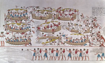 Rappresentazione della Battaglia del Delta del Nilo tra gli eserciti di Ramses III e i Popoli del Mare. Da un rilievo nel tempio funerario di Medinet Habou, Egitto