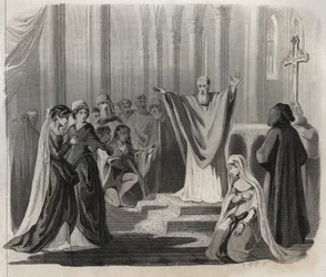 San Dunstan (ca. 909-988), vescovo di Canterbury, benedettino e riformatore della vita monastica in Inghilterra, annuncia la sua imminente morte al popolo. Incisione del 1846 in “Lives of the saints”