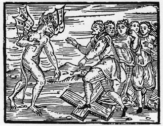 Satana costringe i suoi futuri discepoli a camminare sulla croce - "Compendium Maleficarum", tratta delle streghe, dei loro mali e dei loro sortilegi di Francesco Maria Guazzo o Guaccio o Guaccius (15?? -16??) 1608 Collezione Privata