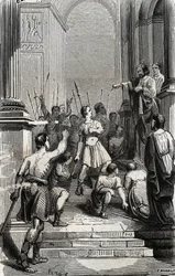 Saturnino di Tolosa (San Sernin, primo vescovo cristiano di Tolosa) fermato al Campidoglio di Tolosa - Incisione del 1846 in "Lives des saints". Collezione privata