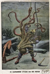 Sommozzatore attaccato da un polpo. Incisione in "Le petit Journal", del 16/06/1912. Collezione privata.