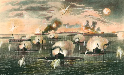 Guerra di Secessione (1861-1865): "Attacco delle batterie galleggianti durante la Guerra di Secessione" Incisione intorno al 1865. Collezione privata