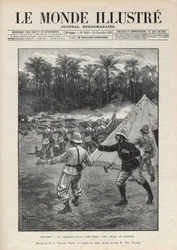 Seconda guerra del Dahomey (1892-1894): morte del comandante francese Faurax durante la battaglia di Dogba il 19 settembre 1892 in Dahomey (ora Benin). Un giornale. Incisione in “Le monde illustré” del 1892. Collezione privata.