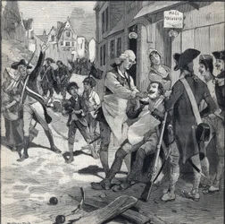 Assedio di Lille nel 1792: Maes usa una scheggia di bomba come piatto per la barba per radere un cliente. Incisione in 