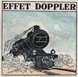 Energia sonora: effetto Doppler evidenziato nel 1842 da Christian Andreas Doppler (1803-1853). Il fischio di una locomotiva ha un suono acuto quando arriva e diventa grave quando si allontana. Illustrazione anonima del 1925. Collezione privata.