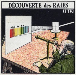 Analisi spettrale: scoperta dei raggi da parte di Joseph von Fraunhofer (1787-1826) nel 1817. Illustrazione anonima del 1925. Collezione privata.