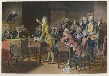 Stamp Act (Duties in American Colonies Act) - Leader rivoluzionario americano Patrick Henry (1736-1799) che parla contro lo Stamp Act nella House of Burgesses della Virginia nel 1765