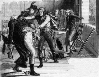 Suicidio di Nicolas Joseph Beaurepaire (1792) dopo la decisione di restituire Verdun ai prussiani - Incisione in "Histoire des Girondins" di Alphonse de Lamartine 1865-1866 - Collezione privata