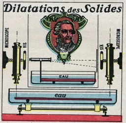 Temperatura e dilatazione: espansione dei solidi studiata da Antoine Laurent de Lavoisier (1743-1794). Illustrazione anonima del 1925. Collezione privata.