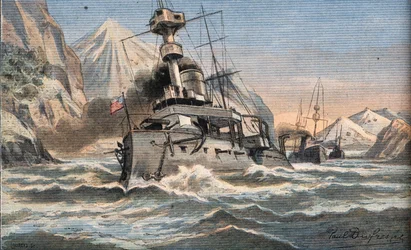 La flotta americana nello Stretto di Magellano. Incisione dal giornale "Le Petit Parisien", 23/02/1908. Collezione privata