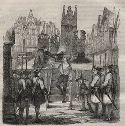 Il Cavaliere Francois-Jean Lefebvre de La Barre sale al patibolo nel 1766. Incisione in 