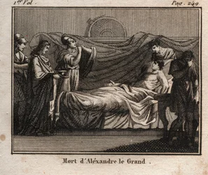 La morte del re macedone Alessandro Magno (356-323 a.C.) - La morte di ALESSANDRO MAGNO (356-323 a.C.) - Re di Macedonia (336-323 a.C.) - da "Il Giovane Rollin o Pezzi Scelti di Storie Antiche e Romane" 1816 - Collezione privata