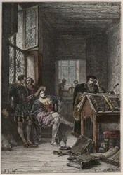 Il re di Francia Francesco I (1494-1547), protettore delle arti e delle lettere, visita i laboratori dei tipografi Estienne (Robert Estienne), circa 1540
