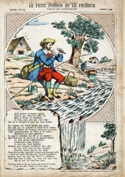 Il pesciolino e il pescatore. Illustrazione anonima per Les Fables di Jean de La Fontaine.