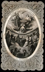 La Vergine Maria con la Santissima Trinità (Dio, Gesù Cristo e la colomba dello Spirito Santo). Carta dentellata. XIX secolo. Collezione privata
