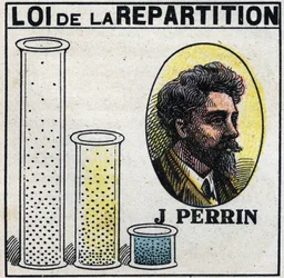 Gli atomi: legge di distribuzione di Jean Perrin (1870-1942). Illustrazione anonima del 1925. Collezione privata.