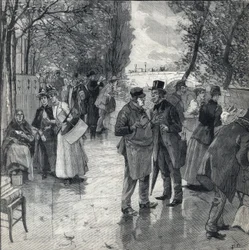 La passeggiata dei librai lungo le rive dei quai a Parigi. Incisione in 