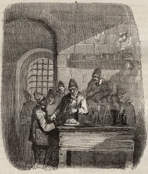 La mensa del Bagne di Brest nel XIX secolo. Incisione in "Histoire des bagnes depuis leur création à nos jours" (1877) di Pierre Zaccone (1817-1895). Collezione privata.