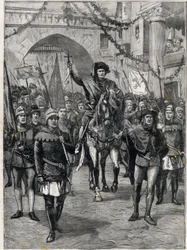Il corteo delle corporazioni nel XIV secolo: Il prevosto dei mercanti di Parigi. Incisione. In "Le petit parisien", del 18/06/1899. Collezione privata.