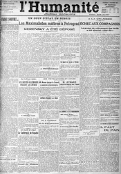 Il colpo di stato in Russia sui titoli del giornale socialista "Humanity". Titoli: "I padroni massimalisti a Pietrogrado", "Kerensky è stato deposto", 9/11/1917