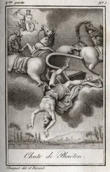 La caduta di Fetonte. Fetonte, incapace di controllare il carro di Elio, fu colpito da Zeus e cadde nel fiume Eridano. Incisione del 1819 in 