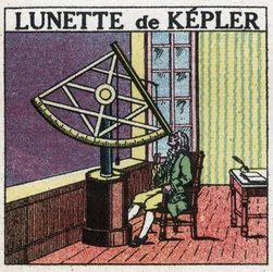 I primi strumenti ottici: cannocchiale astronomico di Johannes Kepler (Keppler) (1571-1630) inventato intorno al 1615. Illustrazione anonima del 1925. Collezione privata.