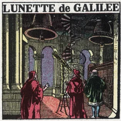 I primi strumenti ottici: cannocchiale astronomico di Galileo Galilei detto Galilei (1564-1642) inventato nel 1610. Illustrazione anonima del 1925. Collezione privata.