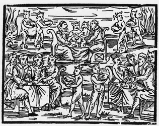 Il pasto delle streghe nel sabba - "Compendium Maleficarum", tratta delle streghe, dei loro mali e dei loro sortilegi di Francesco Maria Guazzo o Guaccio o Guaccius (15?? -16??) 1608 Collezione Privata