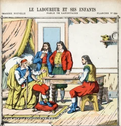 Il contadino e i suoi figli. Illustrazione anonima per Les Fables di Jean de La Fontaine.