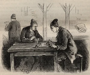Il pubblico scrittore al bagno penale di Tolone nel XIX secolo. Incisione in “Histoire des bagnes depuis leur création à nos jours” (1877) di Pierre Zaccone. Collezione privata.