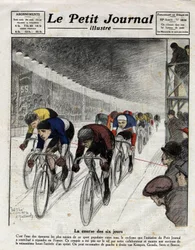 La corsa dei sei giorni: Piet van Kempen (1898-1985), Alfred Grenda, Seres e Maurice Brocco (1883-1965) durante lo sprint. Incisione in Le Petit Journal illustrato, il 16/04/1922