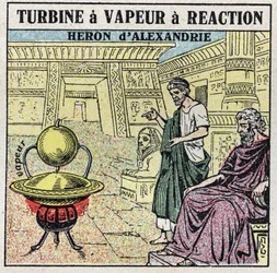 La macchina a vapore: una turbina a vapore a reazione. Eolipila inventata dal greco Erone di Alessandria nel I secolo d.C. Illustrazione anonima del 1925. Collezione privata.
