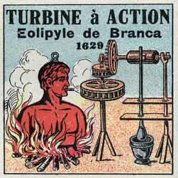 La macchina a vapore: turbina ad azione. Eolipila inventata da Giovanni Branca nel 1629. Illustrazione anonima del 1925. Collezione privata.