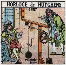 Tempo: orologio a pendolo libero inventato da Christiaan Huygens (1629-1695) nel 1657. Illustrazione anonima del 1925. Collezione privata.