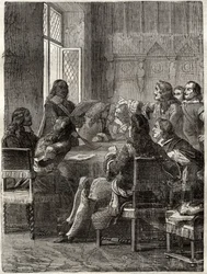 Trattato di Ryswick (Il trattato di Ryswick, 30 ottobre 1697) (fine della guerra della Lega di Augusta tra Luigi XIV e la Grande Alleanza). Incisione del XIX secolo. Collezione privata.