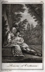 Vertumno e Pomona (Giove e Cerere): Vertumno, innamorato della ninfa Pomona, si traveste da vecchia per avvicinarla. Incisione del 1819 in "Lettres à Emilie sur la mythologie" di Charles Albert Demoustier (1760-1801). Collezione privata