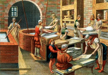 Veduta di un laboratorio di fabbricazione della carta a Fabriano nel XVI secolo, Italia. I diversi passaggi. Illustrazione. Collezione privata