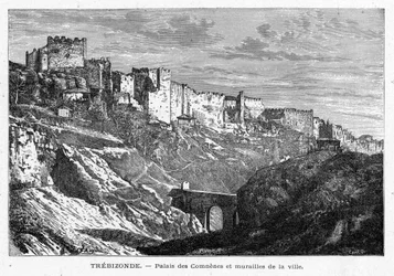 Veduta del Palais des Comtes e delle mura della città di Trebisonda (Turchia). Incisione in "Les Missions Catholiques au XIXème Siècle" di Louis-Eugène Louvet. Collezione privata.