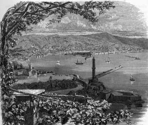 Veduta della città di Genova, Italia. Incisione del 1859 in "Le gallerie d