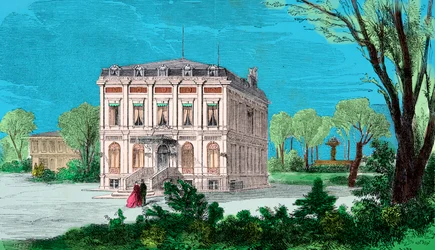 Veduta della casa di Gioachino Rossini (1792-1868) a Passy nel Bois de Boulogne, Incisione, Collezione Privata