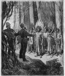 Viaggio di Henri Coudreau, professore di geografia ed esploratore nel territorio indiano della Guyana - riceve dai capi Roucouyan - incisione in "Journal des voyages" del 1889
